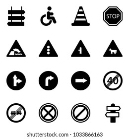 Solid vector icon set - sign post vector, disabled, road cone, stop, embankment, traffic light, intersection, cow, only forward right, end speed limit, overtake, no, parking, signpost