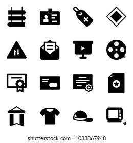 Solid vector icon set - sign post vector, identity, medical label, main road, oncoming traffic, opened mail, presentation board, film coil, certificate, envelope, pennant, t shirt, cap, monoblock pc