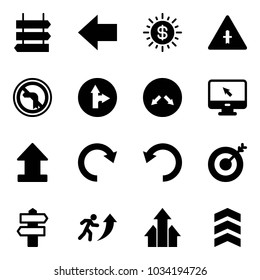 Solid vector icon set - sign post vector, left arrow, dollar sun, intersection road, no turn, only forward right, detour, monitor cursor, uplooad, redo, undo, target, signpost, career, arrows up