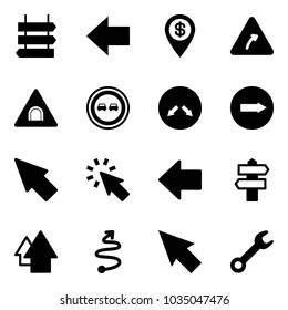Solid vector icon set - sign post vector, left arrow, dollar pin, turn right road, tunnel, no overtake, detour, only, cursor, signpost, up, trip, wrench