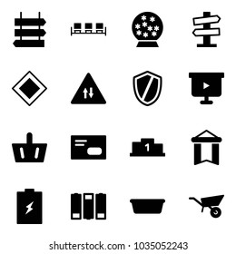 Solid vector icon set - sign post vector, waiting area, snowball, road signpost, main, oncoming traffic, shield, presentation board, basket, envelope, pedestal, pennant, battery, basin, wheelbarrow