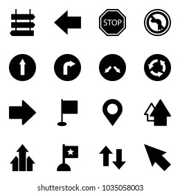 Solid vector icon set - sign post vector, left arrow, stop road, no turn, only forward, right, detour, circle, flag, map pin, up, arrows, down, cursor