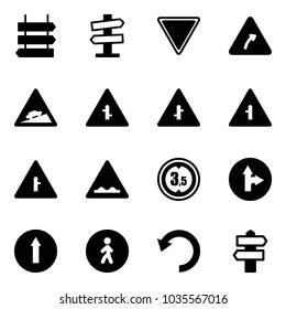 Solid vector icon set - sign post vector, road signpost, giving way, turn right, climb, intersection, rough, limited height, only forward, pedestrian, undo