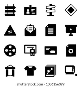 Solid vector icon set - sign post vector, identity, road signpost, main, oncoming traffic, opened mail, document, presentation board, film coil, certificate, envelope, pennant, t shirt, photo