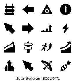 Solid vector icon set - sign post vector, left arrow, round motion road, only forward, cursor, right, growth, lightning, signpost, career, rise, arrows up, bow, dart