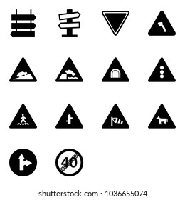 Solid vector icon set - sign post vector, road signpost, giving way, turn left, climb, embankment, tunnel, traffic light, pedestrian, intersection, side wind, cow, only forward right
