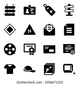 Solid vector icon set - sign post vector, identity, medical label, road signpost, main, oncoming traffic, opened mail, document, film coil, certificate, envelope, t shirt, cap, photo, monoblock pc