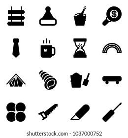 Solid vector icon set - sign post vector, christmas hat, champagne, search money, tie, green tea, sand clock, rainbow, tent, shell, bucket scoop, skateboard, atom core, saw, work knife, awl