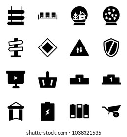 Solid vector icon set - sign post vector, waiting area, snowball house, road signpost, main, oncoming traffic, shield, presentation board, basket, pedestal, pennant, battery, wheelbarrow
