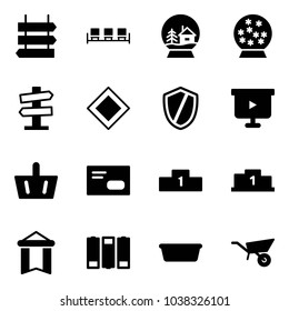 Solid vector icon set - sign post vector, waiting area, snowball house, road signpost, main, shield, presentation board, basket, envelope, pedestal, pennant, battery, basin, wheelbarrow