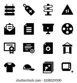Solid vector icon set - sign post vector, medical label, road signpost, oncoming traffic, opened mail, document, presentation board, film coil, certificate, pennant, t shirt, cap, photo