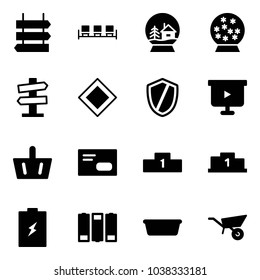 Solid vector icon set - sign post vector, waiting area, snowball house, road signpost, main, shield, presentation board, basket, envelope, pedestal, battery, basin, wheelbarrow