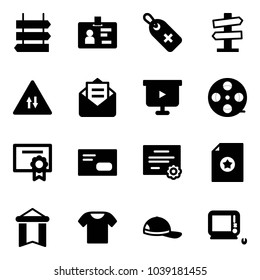 Solid vector icon set - sign post vector, identity, medical label, road signpost, oncoming traffic, opened mail, presentation board, film coil, certificate, envelope, pennant, t shirt, cap