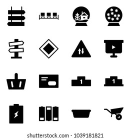 Solid vector icon set - sign post vector, waiting area, snowball house, road signpost, main, oncoming traffic, presentation board, basket, envelope, pedestal, battery, basin, wheelbarrow