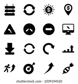 Solid Vector Icon Set - Sign Post Vector, Exchange, Dollar Sun, Pin, Turn Left Road, Detour, Only Right, Monitor Cursor, Download, Refresh, Redo, Growth Arrow, Career, Target, Dart