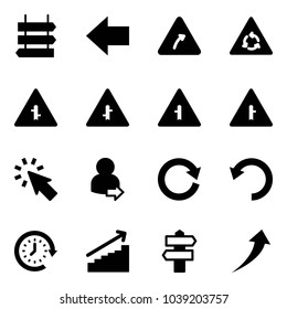 Solid vector icon set - sign post vector, left arrow, turn right road, round motion, intersection, cursor, user login, reload, undo, clock around, growth, signpost