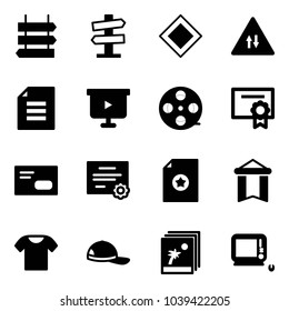 Solid vector icon set - sign post vector, road signpost, main, oncoming traffic, document, presentation board, film coil, certificate, envelope, pennant, t shirt, cap, photo, monoblock pc