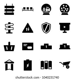 Solid vector icon set - sign post vector, waiting area, snowball house, road signpost, oncoming traffic, shield, presentation board, basket, envelope, pedestal, pennant, battery, wheelbarrow