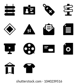 Solid vector icon set - sign post vector, identity, medical label, road signpost, main, oncoming traffic, opened mail, document, presentation board, film coil, envelope, certificate, pennant