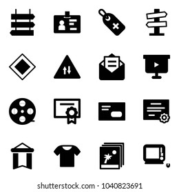 Solid vector icon set - sign post vector, identity, medical label, road signpost, main, oncoming traffic, opened mail, presentation board, film coil, certificate, envelope, pennant, t shirt, photo