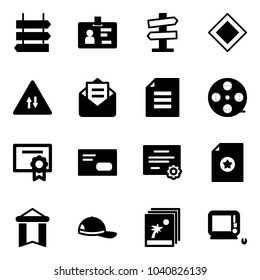 Solid vector icon set - sign post vector, identity, road signpost, main, oncoming traffic, opened mail, document, film coil, certificate, envelope, pennant, cap, photo, monoblock pc