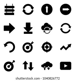 Solid vector icon set - sign post vector, exchange, only forward road, right, arrow, download, refresh cloud, undo, target, growth, up down arrows, data, playback