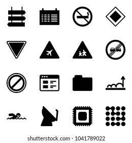 Solid vector icon set - sign post vector, schedule, no smoking, main road, giving way, airport, children, end overtake limit, parking, website, folder, growth, swimming, satellite antenna, cpu