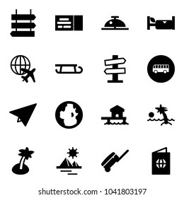 Solid vector icon set - sign post vector, ticket, client bell, hotel, plane globe, sleigh, road signpost, bus, paper, bungalow, palm, pyramid, suitcase, passport