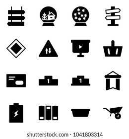 Solid vector icon set - sign post vector, snowball house, road signpost, main, oncoming traffic, presentation board, basket, envelope, pedestal, pennant, battery, basin, wheelbarrow
