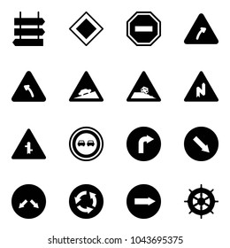 Solid vector icon set - sign post vector, main road, no way, turn right, left, climb, steep roadside, abrupt, intersection, overtake, only, detour, circle, hand wheel