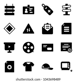 Solid vector icon set - sign post vector, identity, medical label, road signpost, main, oncoming traffic, opened mail, document, presentation board, film coil, envelope, certificate, t shirt, cap
