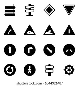 Solid vector icon set - sign post vector, road signpost, main, giving way, turn right, climb, steep roadside, intersection, only forward, detour, circle, pedestrian, hand wheel
