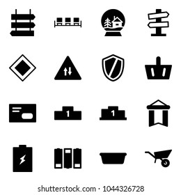 Solid vector icon set - sign post vector, waiting area, snowball house, road signpost, main, oncoming traffic, shield, basket, envelope, pedestal, pennant, battery, basin, wheelbarrow