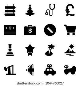Solid vector icon set - sign post vector, christmas tree, stethoscope, pound, dollar, money case, detour road, cart, chess queen, star medal, palm, pyramid, oil derrick, allen key set, car toy, baby