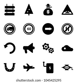 Solid vector icon set - sign post vector, christmas tree, money bag, drawbridge road, no truck, speed limit 60, only right, parking even, undo, loudspeaker, gears, cloud, luck, plane, power bank