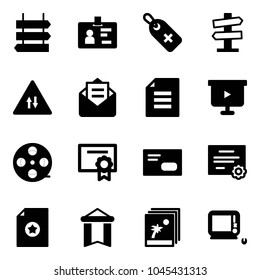 Solid vector icon set - sign post vector, identity, medical label, road signpost, oncoming traffic, opened mail, document, presentation board, film coil, certificate, envelope, pennant, photo