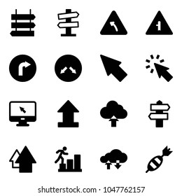 Solid Vector Icon Set - Sign Post Vector, Road Signpost, Turn Left, Intersection, Only Right, Detour, Cursor, Monitor, Uplooad, Upload Cloud, Arrow Up, Career, Exchange Data, Dart