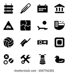 Solid vector icon set - sign post vector, thermometer, schedule, bank, road for moto, puzzle, lounger, hotel, volleyball, suitcase, projector, cpu, rivet, wrench hammer, pyramid toy, duck