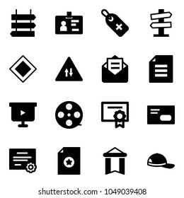 Solid vector icon set - sign post vector, identity, medical label, road signpost, main, oncoming traffic, opened mail, document, presentation board, film coil, certificate, envelope, pennant, cap