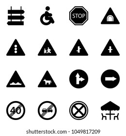 Solid vector icon set - sign post vector, disabled, stop road, tunnel, traffic light, children, intersection, rough, cow, only forward right, end speed limit, overtake, no, outdoor cafe