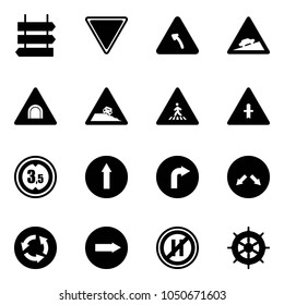 Solid vector icon set - sign post vector, giving way road, turn left, climb, tunnel, steep roadside, pedestrian, intersection, limited height, only forward, right, detour, circle, no parking even