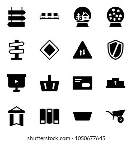Solid vector icon set - sign post vector, waiting area, snowball house, road signpost, main, oncoming traffic, shield, presentation board, basket, envelope, pedestal, pennant, battery, basin