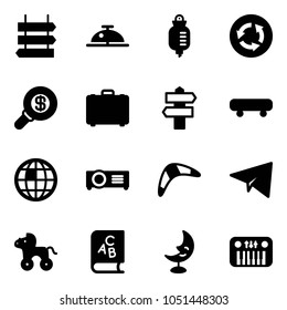 Solid vector icon set - sign post vector, client bell, drop counter, circle road, search money, case, signpost, skateboard, globe, projector, boomerang, paper plane, wheel horse, abc book, moon lamp