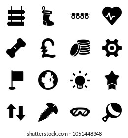 Solid vector icon set - sign post vector, christmas sock, garland, heart pulse, broken bone, pound, coin, gear, flag, globe, bulb, star medal, up down arrows, screw, protective glasses, beanbag