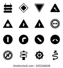 Solid vector icon set - sign post vector, main road, giving way, turn left, tunnel, intersection, no overtake, only forward, right, detour, parking even, signpost, hand wheel, trip