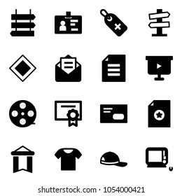 Solid vector icon set - sign post vector, identity, medical label, road signpost, main, opened mail, document, presentation board, film coil, certificate, envelope, pennant, t shirt, cap