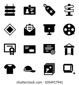 Solid vector icon set - sign post vector, identity, medical label, road signpost, main, opened mail, presentation board, film coil, certificate, envelope, pennant, t shirt, cap, photo, monoblock pc