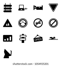 Solid vector icon set - sign post vector, notebook connect, hotel, giving way road, children, limited distance, end overtake limit, no parking, statistics, signpost, open, swimming