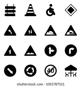 Solid vector icon set - sign post vector, road cone, disabled, main, turn left, oncoming traffic, steep descent, embankment, intersection, rough, only forward right, detour, circle, end speed limit