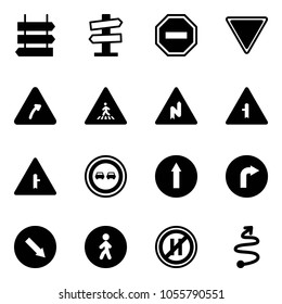 Solid vector icon set - sign post vector, road signpost, no way, giving, turn right, pedestrian, abrupt, intersection, overtake, only forward, detour, parking even, trip